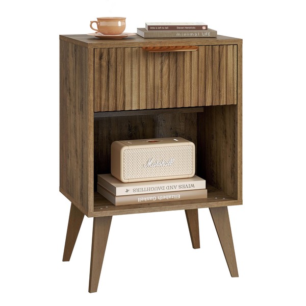 YAUKOMEL Fluted Night Stand with Opening Storage,Mid Century Bedside Table
