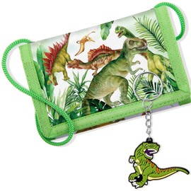 Hestya Children's Neck Pouch, Triple Folded Wallet with Key Ring, Purse for Hanging, Gift for Boys and Girls, Green, Standard size, dinosaurs