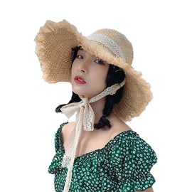 Straw Hat, Women's, Sun Protection Hat, Sun Visor, Ribbon Chin Strap, Wide Brim Hat, Small Face Effect, Wide Brim, Foldable, UV Protection, Straw Hat, For Travel, Outdoors, Work, School, 22.0 - 22.8