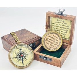 LEITH CAMINDS Trust in The Lord Engraved Compass with Wooden Box, Brass Antique Compass for Hiking, Camping, Religious Gifts Men Women Catholic, Graduation Gift (Outside Engraved), Bronze