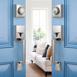 Double Door Lock Set, NeuType Double Door Handleset with Dummy, Door Handle Sets, Entry Door Handle Set with Single Cylinder Deadbolt and Door Levers, Easy to Install, Satin Nickel