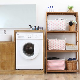 Sea Team 2-Pack Collapsible Canvas Fabric Storage Basket with Handles, Rectangle Waterproof Storage Bin, Box, Cube, Foldable Shelf Basket, Closet Organizer, 16.5 x 11.8 x 9.8 Inches, Pink Dot