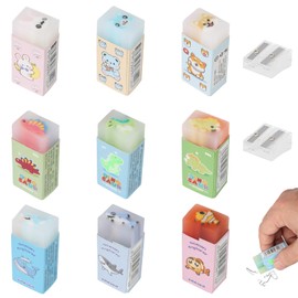 9 Pcs Cute Cartoon Animal Erasers for Kids, Kawaii Pencil Rubbers Pet Dinosaur Ocean World, 4.5CM Soft Novelty Fun Pastel Cube School Eraser with Pencil Sharpener for Writing/Drawing/Office Supplies