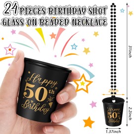 Sureio 24 Pcs 50th Birthday Party Favors Shot Glass Necklaces Cups Bulk for Women Men Guests, Plastic Gold and Black Shot Necklace Cups for Birthday Anniversary Supplies