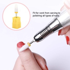 Corn Shape Nail Drill Bit Ceramic Drill Bit for Router with Display Base Drill Bit for Nail Cutter for Manicure and Pedicure (Yellow Box XF with Extra Fine Grit)