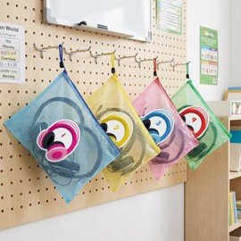 Fuyoooo 24 Pack Classroom Headphone Bags A4 Letter Size Mesh Zipper Pouch Bags Colorful Reusable Plastic Mesh Zipper Pouch with Headphone Digital Stickers for Classroom Library School Organization