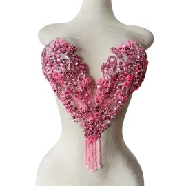 Pure Handmade Rhinestone Fringe Patch Trim Crystal Beaded Applique for Sewing Crafts Wedding Party Decoration Bridal Dress Accessories 14.5X14inches (Pink)