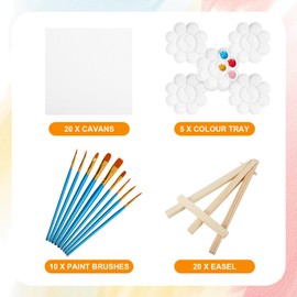 Cabaubl 20 Pack Mini Canvas and Easel Set,4x4 inch Mini Painting Canvas with Easel,Art Canvas Painting Kit with 10 Brushes & 5 Palette,Small Canvases for Kids Acrylic Pouring Oil Water Color Gift