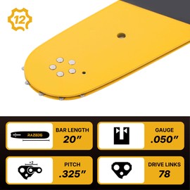 RazEdg 20 Inch Chainsaw Bar and Chain Combo, .325" Pitch, 050" Gauge, 78 Drive Links Fits Husqvarna, Echo CS-490/440, Craftsman, Milwaukee M18 FUEL and More (1 Bar + 3 Chains)