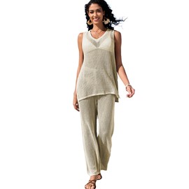 Famulily Beige 2 Piece Cover Up for Women Hollow Out Fishnet Outfits Set Solid Sleeveless Tank Top Wide Leg Pants Sets Beige M