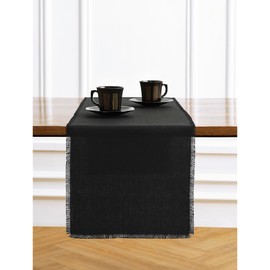 Solino Home Fringe Linen Table Runner 36 Inch – 100% Pure Linen Black Table Runner 14 x 36 Inch – Machine Washable Dining Table Runner for Spring, Easter Decor