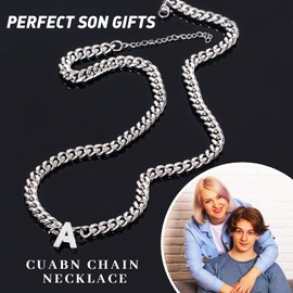 HAYOUWAY Men's Necklace with Letters Necklace Women's Silver Chain Stainless Steel Curb Chain Men's Necklace Cuban Chain with Letter Pendant Jewellery Gifts for Dad Men Birthday Gifts, Stainless