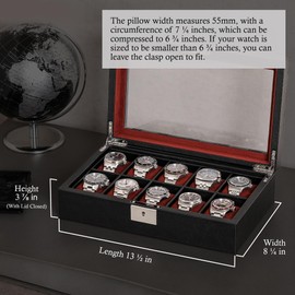 ROTHWELL 10 Slot Leather Watch Box - Luxury Case Display Jewelry Organizer - Locking Watch Display Case Holder with Large Glass Top - Box Organizer for Men and Women (Black/Red)
