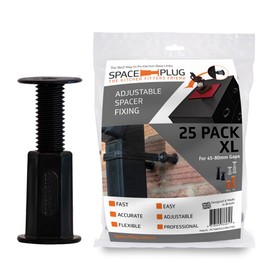 Space-Plug Adjustable Spacer Fixings (XL Size for 45-80mm Gaps), 25 Pack of Black Spacers, Professional & DIY use for Kitchen, Bedroom, Bathroom & Furniture installations