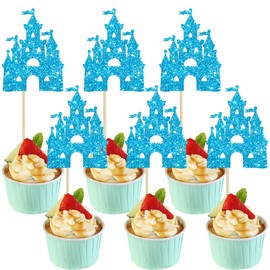 Ephlyn 24Pcs Castle Cupcake Topper Princess Cupcake Toppers Castle Theme Birthday Party Decorations Queen Castle Cupcake Picks for Girl Birthday Baby Shower Party Supplies Blue