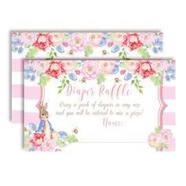 Little Rabbit Floral Themed Diaper Raffle Tickets for Girl Baby Showers, 20 2" X 3” Double Sided Insert Cards for Games by AmandaCreation, Bring a Pack of Diapers to Win Favors & Prizes!