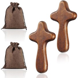 UOSIWYA Wooden Cross, 2PCS Christian Cross Handmade Holding Cross with Woven Linen Pouch Hand Pine Crucifix Portable Held Crosses for Religious Christian Prayer Meditation (Brown)
