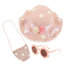 KDFSSIPE Straw Hat and Small Bag Set, 3-Piece Summer Sun Hat, Children's Straw Bag, with Daisy Flower Decoration, Sunglasses, Travel Hat for Holiday, Beach, Outdoor Activities, Pink