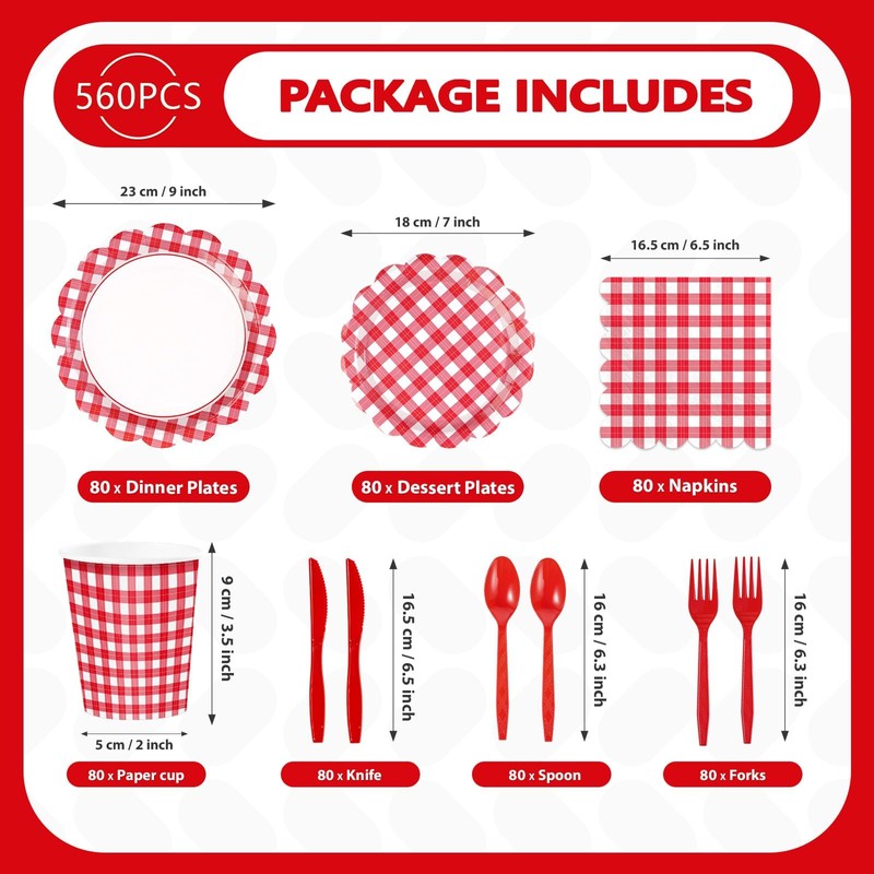 Greencian 560 Pcs Red Gingham Party Decorations,Serves 80