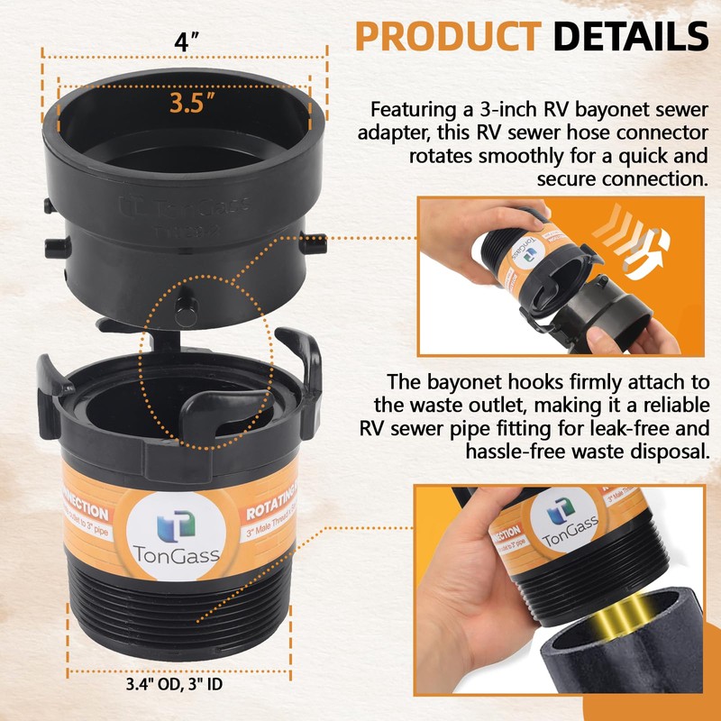 TonGass RV Sewer Pipe Adapter 3" Rotating Rigid Bayonet Adapter