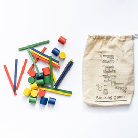 Chinchilla® Stacking Skill Game | Multicoloured with 16 Sticks and Cones + 1 Wooden Cube | Includes Game Instructions in Environmentally Friendly Cotton Bag | Sustainable Wood