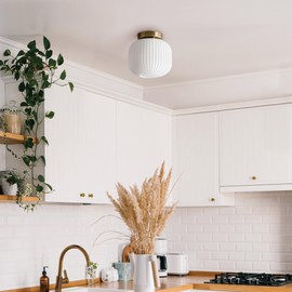 GLOBE Electric 66000079 1-Light Flush Mount Ceiling Fixture, Matte Brass, Frosted Ribbed Glass Shade, Kitchen Island Lighting, Dining Room Fixture, Modern Home Decor for Living Room