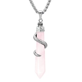 BEADNOVA Natural Rose Quartz Hexagonal Gemstone Necklace Crystal Snake Healing Point Chakra Pendant Necklace 18" Chain
