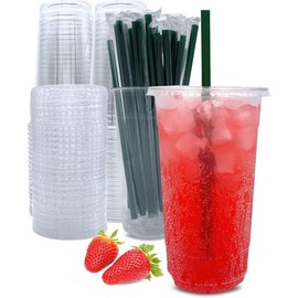 32 oz Clear Plastic Cups with Lids and Straws, Disposable Coffee Cups 25 Sets - Colour: 32 oz Cups, Size: 25