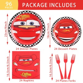 96Pcs Cars Birthday Party Decorations, Cars Plates and Napkins Party Supplies, Race Car Paper Plates, Cars Checked Party Plates for Kids Birthday Decor, Serves 24 Guests