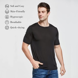Viamulion Mens Silk Knitted T Shirt 100% Pure Mulberry Silk Sleep T Shirt Soft Cool Performance Crew Neck Casual Undershirt Black