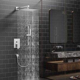 JOMEOO 12 Inch Brushed Nickel Shower System, Wall Mounted High Pressure Shower Head with Rain Handheld Sprayer, Bathroom Luxury Shower Faucet Set with Adjustable Slide Bar Rough in Valve Body and Trim