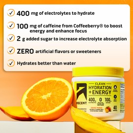 Ascent Clean Hydration + Energy Electrolytes Powder - 100mg of Caffeine & 400mg of Electrolytes, No Artificial Sweetener – Orange Mango, 40 Serving