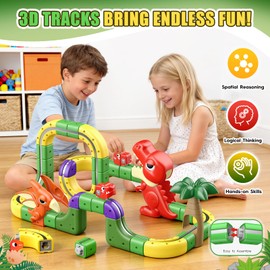SnapGlowz Dinosaur Magnetic Train Set Toys for Kids 3-5: 115PCS 3D Infinity Racer Cube Tracks Anti-Gravity Rail Electric Train Track Birthday Gifts Toys for 3 4 5 6 7 8 Year Old Boys Girl