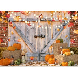 SJOLOON Autumn Backdrop Fall Pumpkin Harvest Photo Backdrop Thanksgiving Day Backdrop Barn Door Maple Leaf Backdrops for Photography Studio props12457 (10x8FT)
