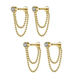 AOEDEJ 2 Pairs Flat Back Stud Earrings Chain Earrings for Women Double Piercing Earrings Set Dangle Chain Stud Earrings Gold Silver Chain Earrings, Stainless Steel, No Gemstone