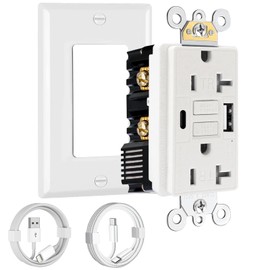 20 Amp GFCI Outlet with USB-C & USB-A Ports and Cables, Self-Test GFCI Electrical Outlet, Tamper-Resistant, Screwless Wall Plate Included, Thinner Design GFCI USB Outlet, ETL Listed, White, 1-Pack