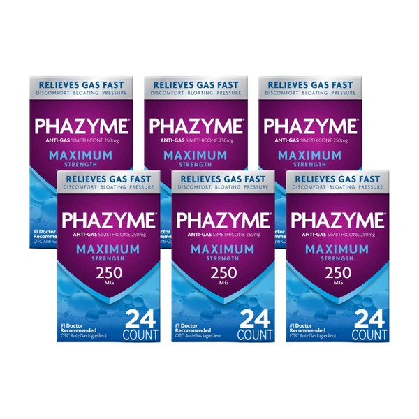 Maximum Strength Phazyme 250mg Anti Gas 24 ct. Softgel (Pack of 6)