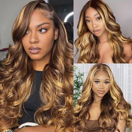 INVITEYOU 13x4 Highlight Lace Frontal Wigs Human Hair 4/27 Honey Blonde 180% Density Body Wave Wig for Women HD Transparent Lace Front Wig with Highlights Colored Glueless Wigs Human Hair 20 Inch