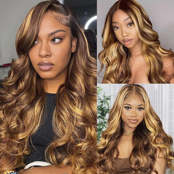 INVITEYOU 13x4 Highlight Lace Frontal Wigs Human Hair 4/27 Honey
