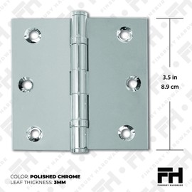Finsbury Hardware Solid Brass Chrome Door Hinge Heavy Duty Ball Bearing Shiny Silver 3 x 3 Inch - Set of 2 Hinges (Polished Chrome)
