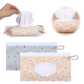 2 Pack Wipes Dispenser Refillable Wipe Holder Wipe Container with Hook Portable Wipes Pouch Reusable Travel Case for Travel Outdoor Outing Camping Hiking Shopping (Flower)