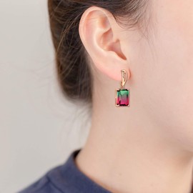 Uloveido Gold Plated Clip On Earrings, Emerald Cut Earring, Simulated Tourmaline Dangle Drop Earrings, Green Red Cubic Zirconia ER0588