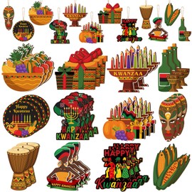 Vercraft 36pcs Happy Kwanzaa Wooden Hanging Ornament Set Kwanzaa Gifts African Heritage Holiday Decorations with Fruit Basin African Mask Flag Map Christmas Ornaments for Festive Kwanzaa Decor