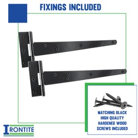 IRONTITE® 1 Pair Black T Hinges 250mm (10”), Gate Hinges for Wooden Gates Or Garden Shed Hinges, These Garden Gate Hinges are Black Coated for Lasting Weather Protection.