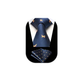 HISDERN Navy Blue Tie for Men Plane Pattern Ties Handkerchief Novelty Animal Print Wedding Necktie & Pocket Square Set