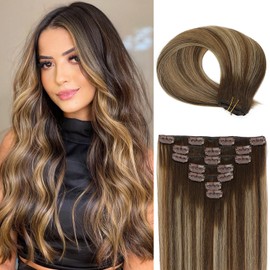 Bellecho Clip in Hair Extensions Real Human Hair, Straight Real Remy Human Hair Extensions Clip ins, Balayage Chocolate Brown to Caramel Blonde Clip in Extensions for Women, 16inch 120g 7Pcs, T4/4/27#