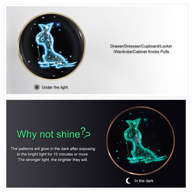 Amogeeli Glowing in Dark Zodiac Glass Brass Cabinet Drawer Knob