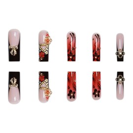 Long Press on Nails Square Fake Nails Red False Nails French Artificial Nails with 3D Flowers and Gold Charm Designs Cute Fall Nails Glossy Stick on Nails for Women 24pcs
