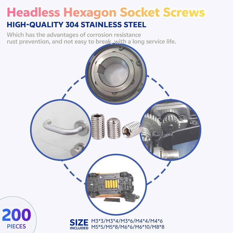 200Pcs Set Screw Assortment Kit, Stainless Steel Hex Allen Head