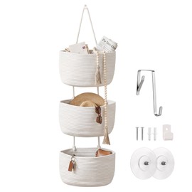 Wall Hanging Rope Baskets 3-Tier Boho Organizers (White & White, Large)